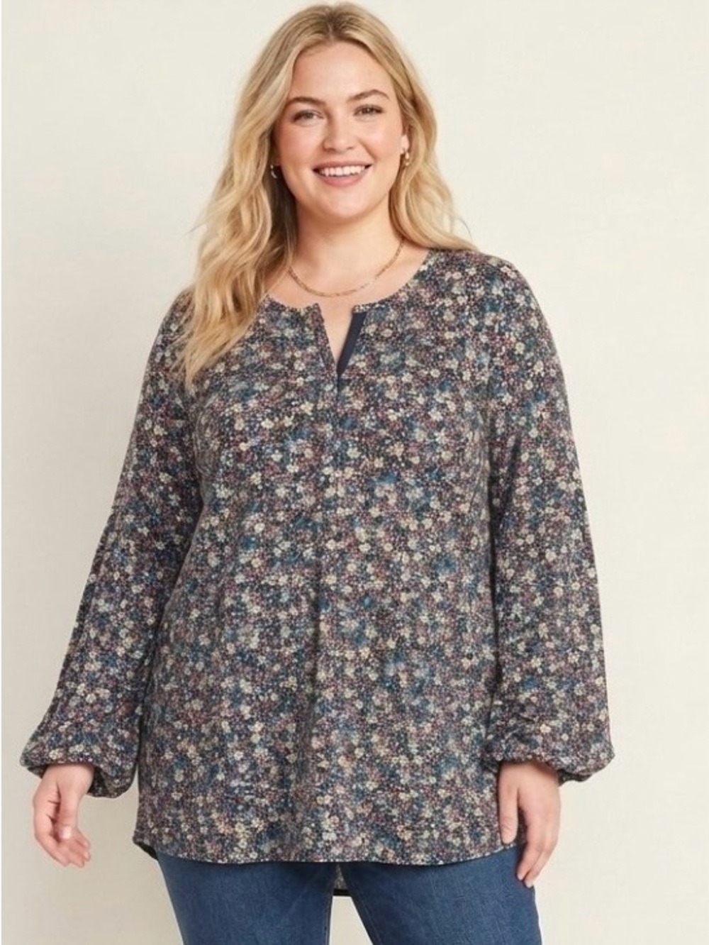 Style & Co. Navy Multi Floral Long Sleeve Henley